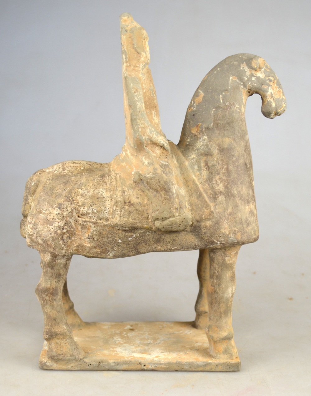 Chinese 6th century AD - a pottery funerary figure of a warrior on horseback. 24 cm Condition Report - Image 3 of 10
