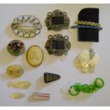 A collection of antique and vintage clips and brooches including coloured paste set, marcasite,