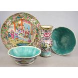 A Chinese Canton famille rose plate decorated with figures on a terrace, 25 cm dia. to/w a pair of