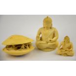 Japanese Meiji Period - ivory clam's dream, 6.7 cm long to/w two 19th century Indian seated figures,