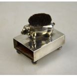 An Edwardian silver novelty nib-box, surmounted by a pig,