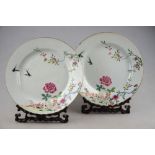 A pair of Chinese 18th century porcelain famille rose plates decorated with birds, peonies, rockwork