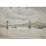 Henry J Williamson - 'Albert Bridge, Chelsea', pencil and wash, signed,