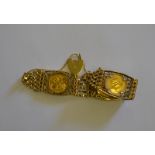 A six bar gate bracelet having three half sovereigns in scrollwork panels - 1982, 1980, 1982,