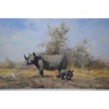 After David Shepherd (b 1931) - 'Rhinos Last Stand', print, pencil signed to lower right margin,