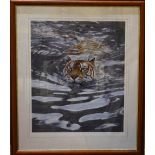 After Alan M Hunt - 'River Crossing', swimming tiger, limited edition print 202/450,