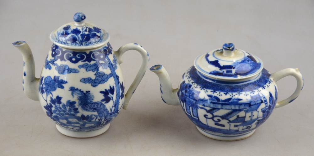Two 19th century Chinese blue and white teapots, one decorated with pagodas in a watery landscape, - Image 6 of 8