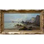 SY Johnson - A rugged coastal view with two figures and ships mast, oil on canvas, signed lower