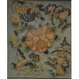 Chinese 19th century embroidered peony fragments mounted on green silk, 25 x 20 cm,