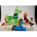 Five Murano glass models - Green dog, 33 cm, seated horse, 19 cm; dog, 122 cm, duck, 19 cm and bird,