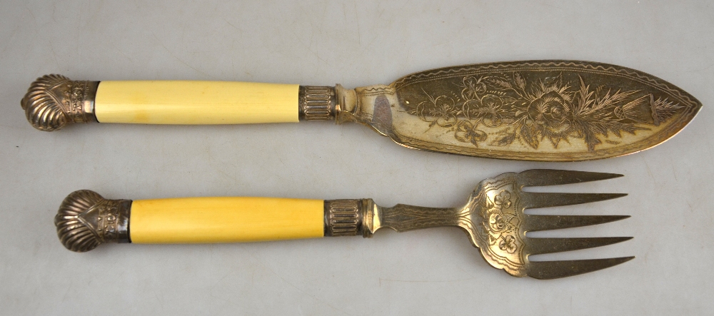 A pair of Victorian electroplated fish servers with ivory handles and silver ferrules, - Image 4 of 5