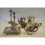 A pair of Walker & Hall electroplated oval candlesticks, to/w a sugar basin, hot water jug,