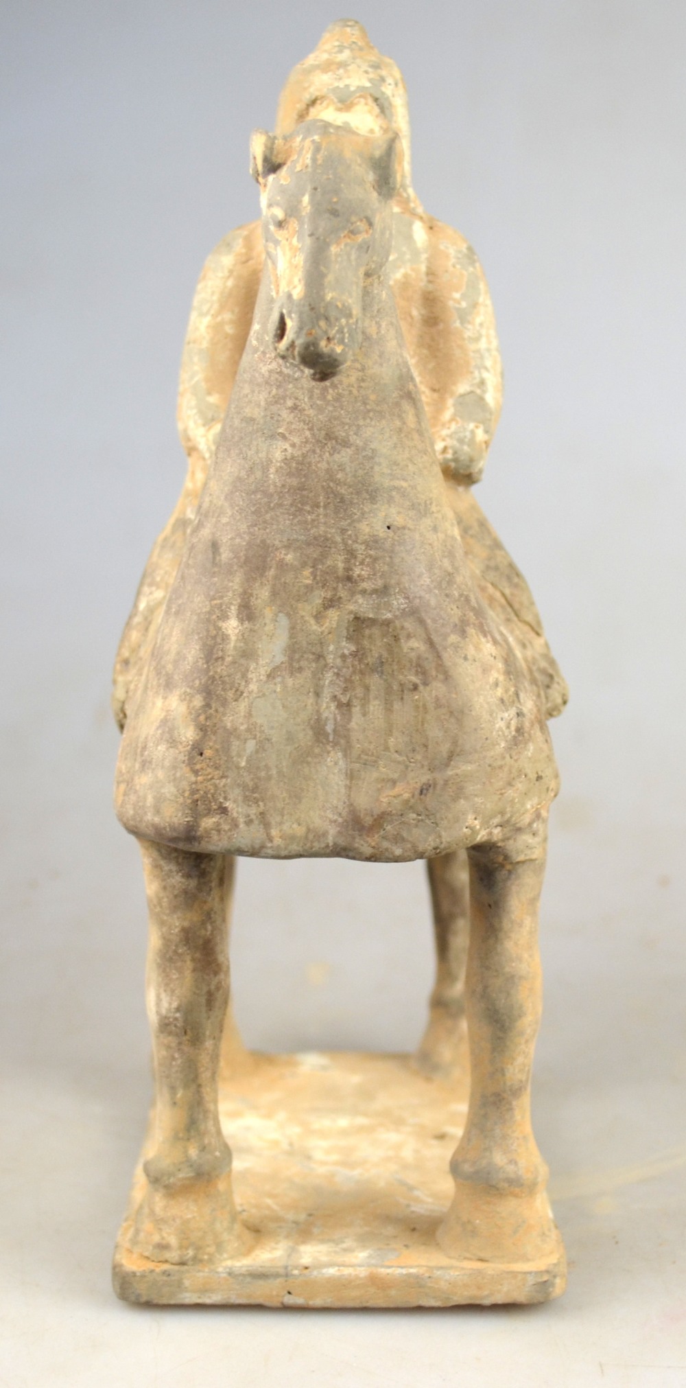 Chinese 6th century AD - a pottery funerary figure of a warrior on horseback. 24 cm Condition Report - Image 2 of 10