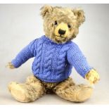 A silver-plush teddy bear with felt pads, glass eyes and stitched nose and mouth,
