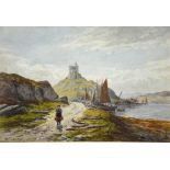 W Carlaw (1847-89) - Scottish view with figure, boats and distant castle ruin atop a peninsula,