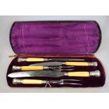 A Victorian cased five-piece carving set with silver-mounted ivory handles, Sheffield 1879 Condition