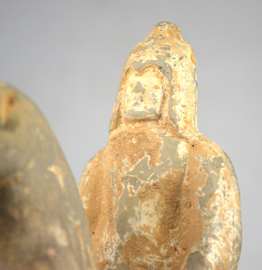 Chinese 6th century AD - a pottery funerary figure of a warrior on horseback. 24 cm Condition Report - Image 7 of 10