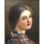 English school - Portrait of a brown eyed girl looking over her shoulder, in a plaid blouse, oil