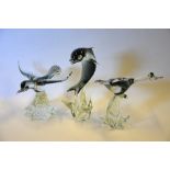 Three Murano smokey glass models - flying duck, 30 cm high, flying bird, 25 cm high and leaping