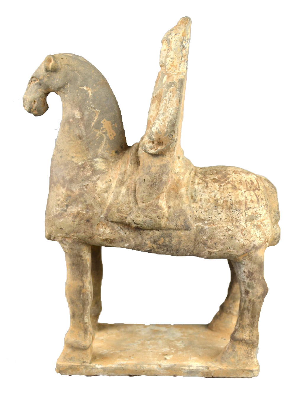 Chinese 6th century AD - a pottery funerary figure of a warrior on horseback. 24 cm Condition Report