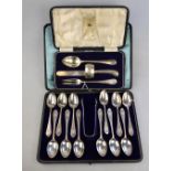 A cased set of twelve Victorian bright-cut teaspoons with tongs, Josiah Williams & Co.