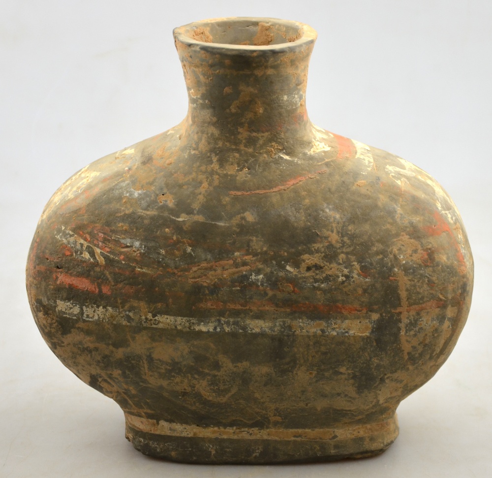 Chinese Han Dynasty 206 BC - 220 AD - a pottery flask with traces of cold pigment, 21 cm h.