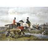 A 19th century hand-coloured engraving of a hunt crossing the stream,