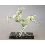 Komaromy - A pair of opaque glass cavorting deer raised on a marble plinth, 23 cm high Condition