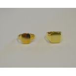 Two 9ct yellow gold signet rings both having square heads,