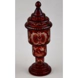 A Bohemian ruby flash glass humpen decorated with hare, deer, fox and gates,