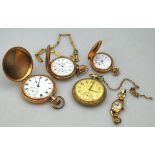 Four various gilt metal pocket watches (including two hunters), to/w a lady's gilt wristwatch