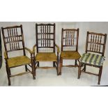 A set of ten 18th and 19th century oak/elm spindle back rush seat chairs including a pair of open