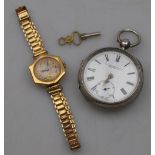 A lady's Swiss 14k wristwatch in hexagonal case, on gilt strap,