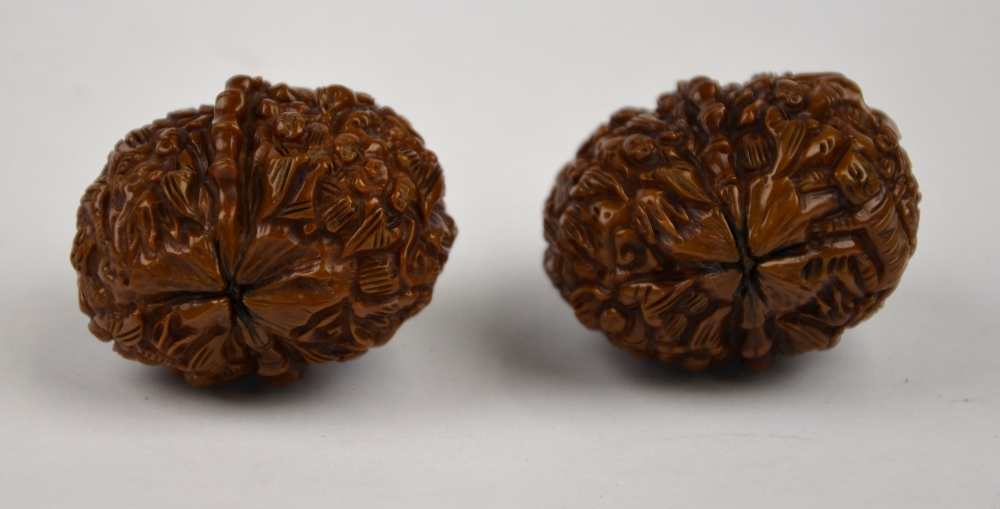 Two Chinese walnuts profusely carved with figures (2) - Image 3 of 5