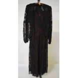 A 1930's black Chantilly lace evening dress with dusky deep rose under-slip and matching lace