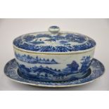 A Chinese 18th century blue and white oval tureen, 12.2 x 15.4 cm, cover and stand 19.4 x 15.8 cm,