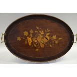 A 19th century oval cross-banded satinwood two handled tray with fruitwood inlaid decoration,