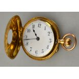 An Edwardian lady's 18k half-hunter fob-watch with engraved and enamelled outer case, enamel dial
