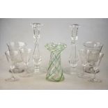 A small collection of glass including a pair of Brierley candlesticks, 23.