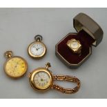An Elco 9ct gold ring-watch with enamel dial and ornate pierced shoulders,