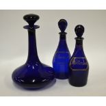 A 19th century Bristol blue ship's decanter with plain mushroom stopper, 26 cm high to/w a pair of