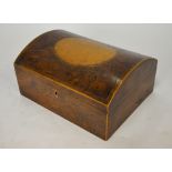 A 19th century satinwood and burr yew wood dome top box with paper lined interior, 4.5 cm high x 30.