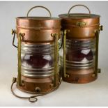 A pair of cylindrical copper cased 'All Round Rd' nautical lanterns by the Tung Woo Co, Hong Kong,