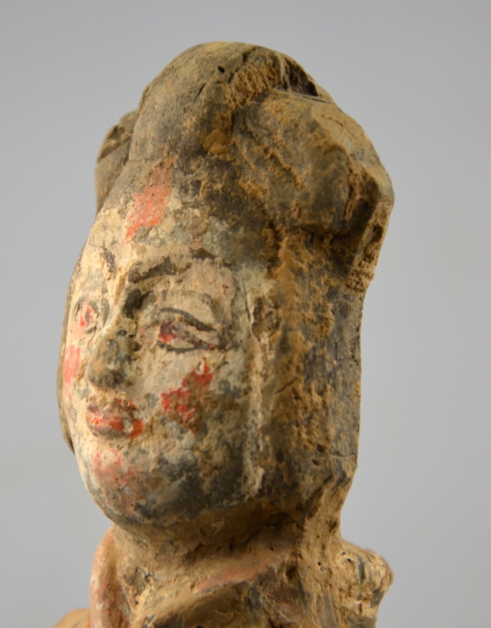 Chinese 5th century AD - a pottery funerary figure of a standing court lady, her arms folded, - Image 5 of 7