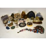 A large collection of polished minerals and fossils, including ammonites, pyrites, amethyst, agate,