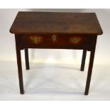 An 18th century oak single drawer side table having a two plank moulded edge top,