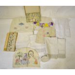 Four embroidered tea cosies, boxed unused napkin sets,