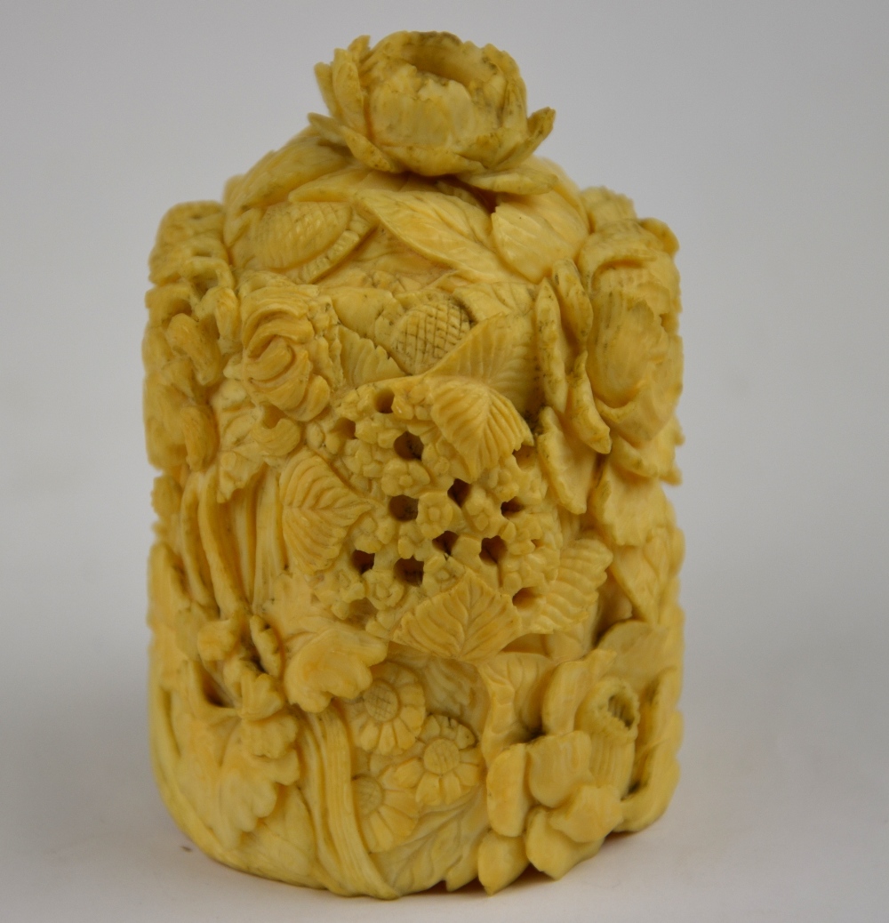 A 19th century Chinese Canton ivory oval pot and cover carved with chrysanthemums and other flowers, - Image 4 of 6