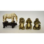 A set of three Japanese carved ivory 'Wise Monkeys', 4 cm, to/w a Chinese carved ivory drinking
