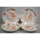 Four Chinese polychrome plates decorated with a dragon and phoenix surrounded by Daoist symbols,